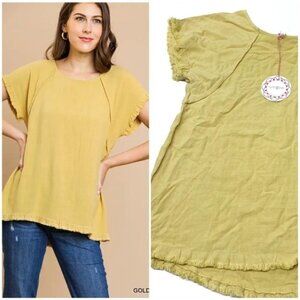•-, UMGEE Boxy Yellow Fray Sleeve Hem Blouse H21
